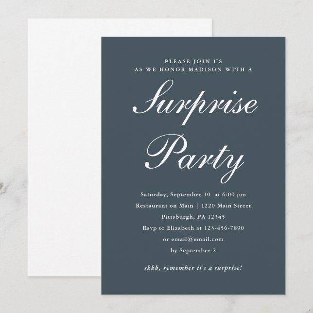 Invitation Fête surprise élégante bleu marine et blanc (Devant / Derrière)