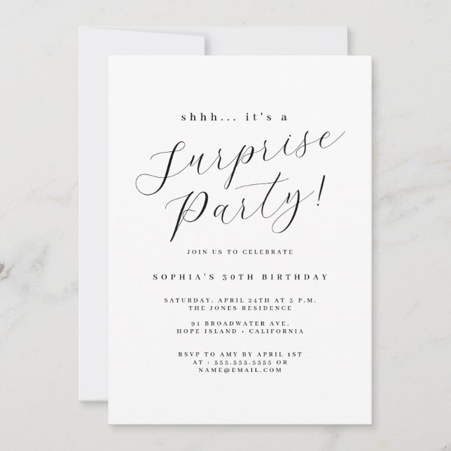 Invitation Fête surprise élégante écriture noire  (Devant)