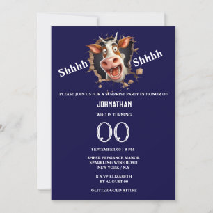 Invitation Fête surprise face à la vache drôle n'importe quel