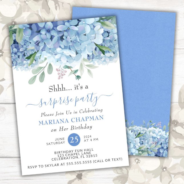 Invitation Fête surprise florale aquarelle Hydrangeas bleues (Créateur téléchargé)