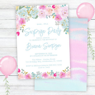 Invitation Fête surprise florale bleue rose pêche violet