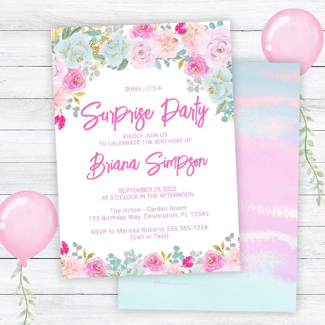 Invitation Fête surprise florale rose bleu pêche violet (Créateur téléchargé)