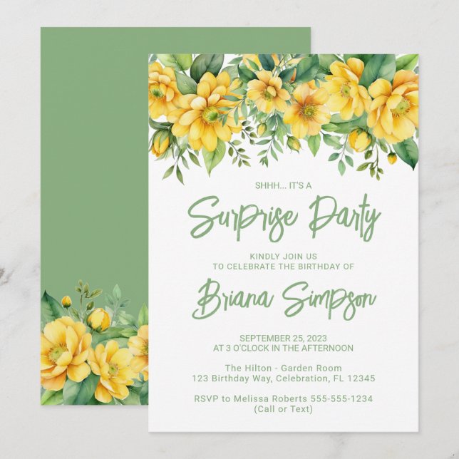 Invitation Fête surprise florale verte et jaune sage (Devant / Derrière)