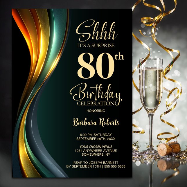 Invitation Fête surprise moderne pour 80 ans avec du noir et  (Créateur téléchargé)