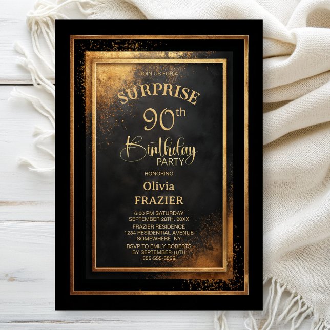 Invitation Fête surprise moderne pour 90e anniversaire noir e (Créateur téléchargé)