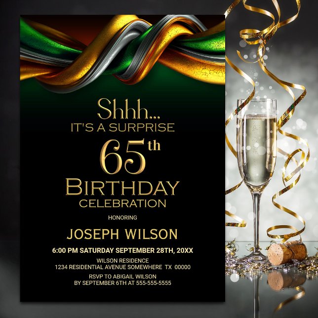 Invitation Fête surprise moderne verte et or pour 65 ans (Créateur téléchargé)