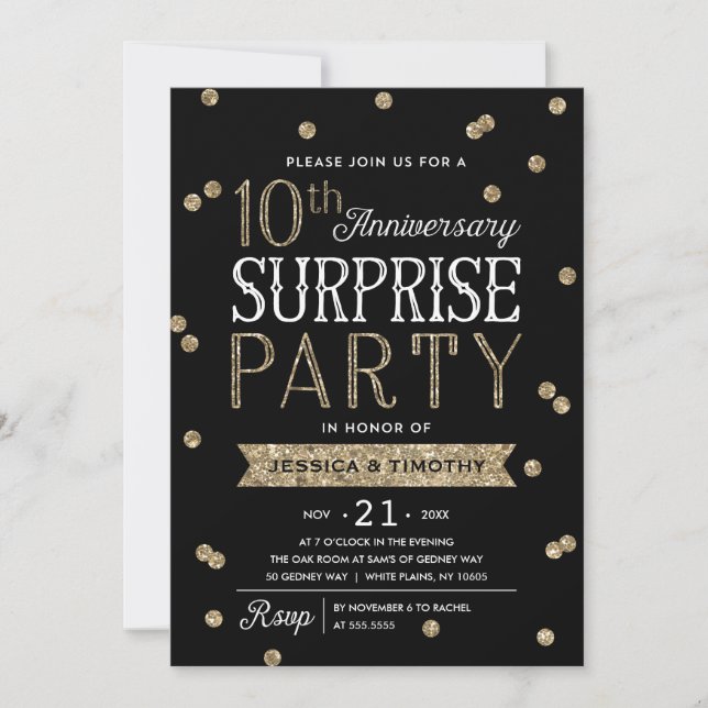 Invitation Fête surprise pailletée pour 10e anniversaire de m (Devant)