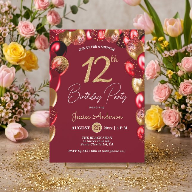 Invitation Fête surprise pour 12 ans avec paillettes dorées e (Créateur téléchargé)