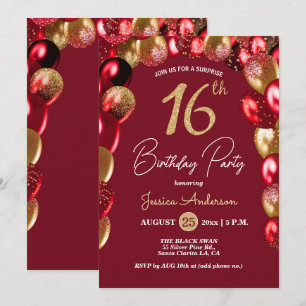 Invitation Fête surprise pour 16 ans paillettes or bordeaux