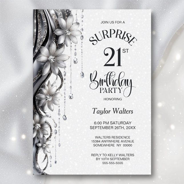 Invitation Fête surprise pour 21 ans avec fleurs et diamants (Créateur téléchargé)