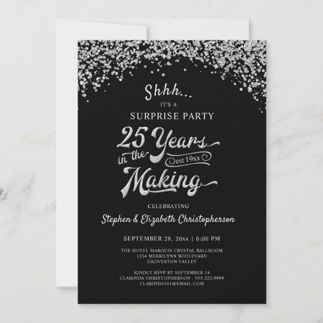 Invitation Fête surprise pour 25e anniversaire Confetti argen (Devant)