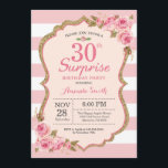 Invitation Fête surprise pour 30 ans avec des pivoines roses<br><div class="desc">Invitation pour femmes pour une fête surprise de 30 ans avec des pivoines roses florales. Paillettes dorées. Fleurs florales aquarelle rose. Rayures roses et blanches. 13e 15e 16e 18e 20e 21e 30e 40e 50e 60e 70e 80e 90e 100e, tous âges. Numérique imprimable. Pour une personnalisation plus poussée, veuillez cliquer sur...</div>