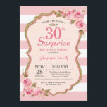 Invitation Fête surprise pour 30 ans avec des pivoines roses<br><div class="desc">Invitation pour femmes pour une fête surprise de 30 ans avec des pivoines roses florales. Paillettes dorées. Fleurs florales aquarelle rose. Rayures roses et blanches. 13e 15e 16e 18e 20e 21e 30e 40e 50e 60e 70e 80e 90e 100e, tous âges. Numérique imprimable. Pour une personnalisation plus poussée, veuillez cliquer sur...</div>