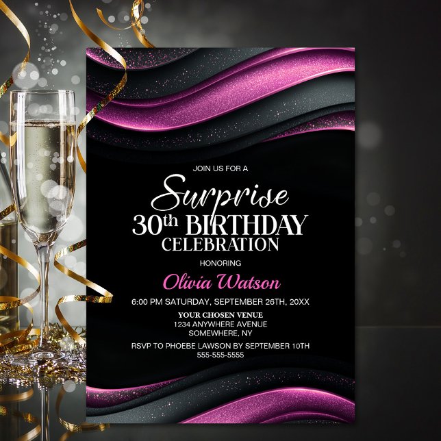 Invitation Fête surprise pour 30 ans en noir et rose (Créateur téléchargé)