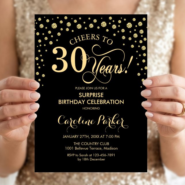 Invitation Fête surprise pour 30 ans - Or Noir (Créateur téléchargé)