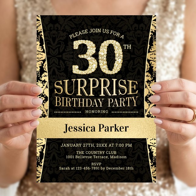 Invitation Fête surprise pour 30 ans - Or Noir (Créateur téléchargé)