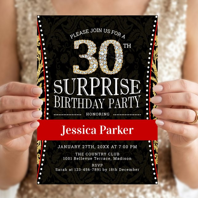 Invitation Fête surprise pour 30 ans - Or Noir Rouge (Créateur téléchargé)