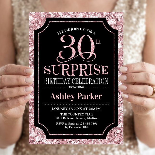 Invitation Fête surprise pour 30 ans - Rose Gold Noir (Créateur téléchargé)