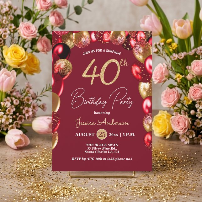 Invitation Fête surprise pour 40 ans avec paillettes dorées e (Créateur téléchargé)