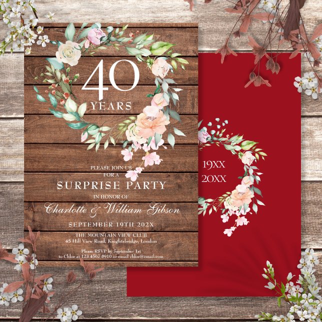 Invitation Fête surprise pour 40e anniversaire de mariage Flo (40th Anniversary Surprise Party Floral Rustic Wood Invitation)