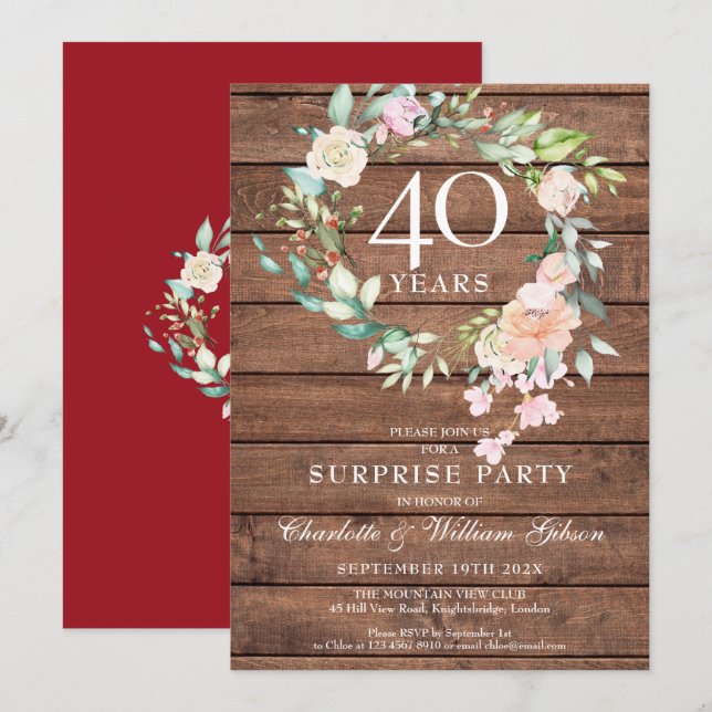 Invitation Fête surprise pour 40e anniversaire de mariage Flo (Devant / Derrière)