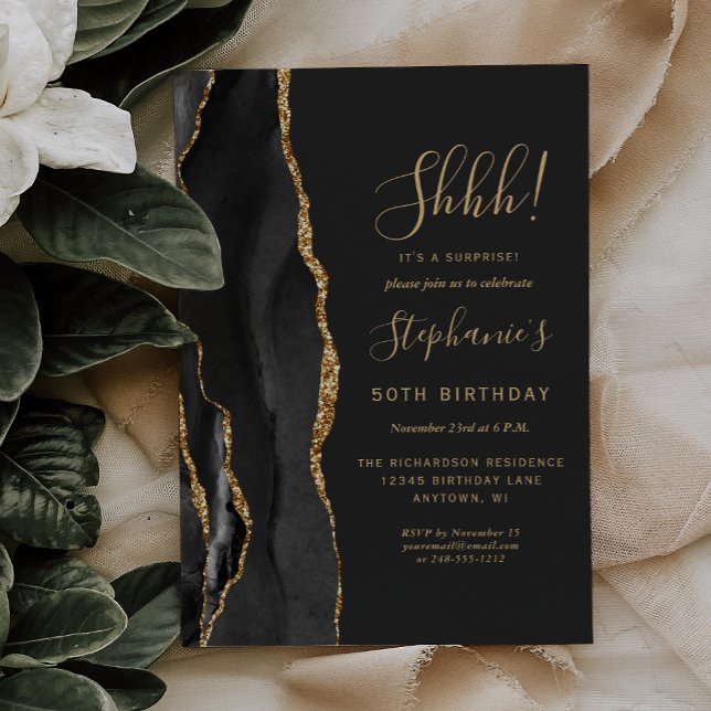 Invitation Fête surprise pour 50 ans Black Agate Gold (Créateur téléchargé)