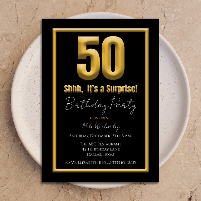 Invitation Fête surprise pour 50 ans Or et Noir 50 (Créateur téléchargé)