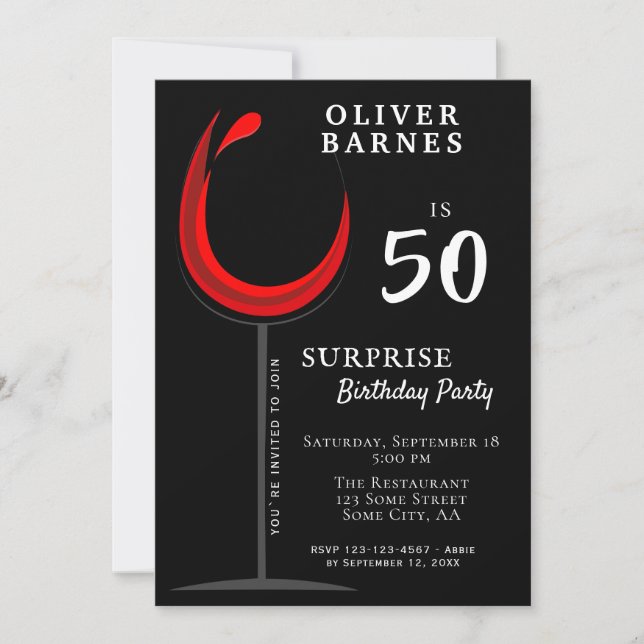 Invitation Fête surprise pour 50e anniversaire avec vin rouge (Devant)