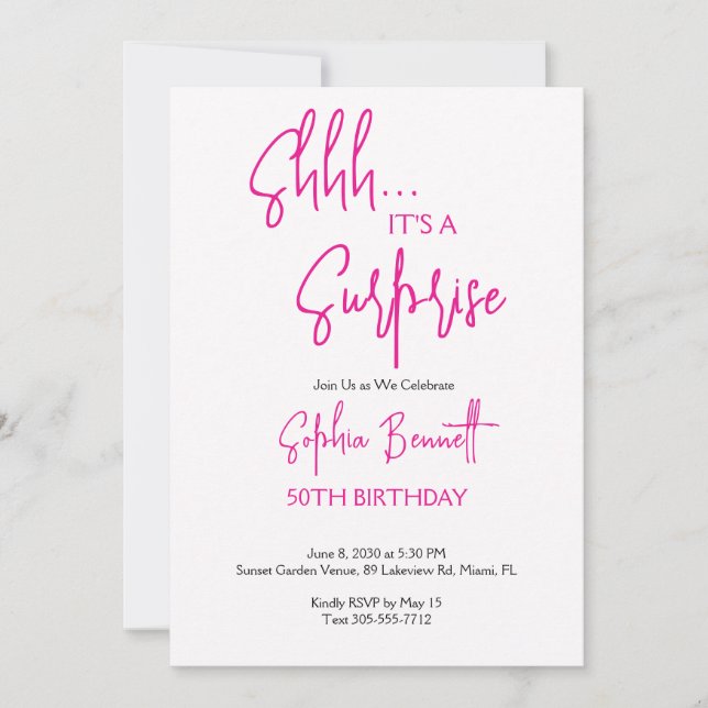 Invitation Fête surprise pour 50e anniversaire écriture rose  (Devant)