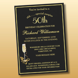 Invitation Fête surprise pour 50e anniversaire Élégant noir o