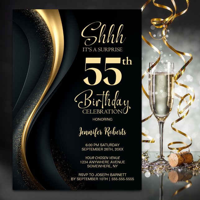 Invitation Fête surprise pour 55 ans en noir et or (Créateur téléchargé)