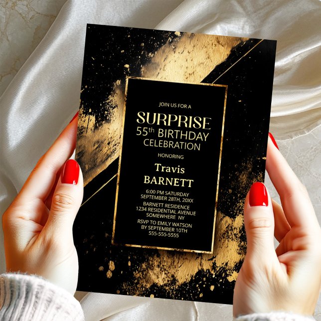 Invitation Fête surprise pour 55 ans en noir et or (Créateur téléchargé)