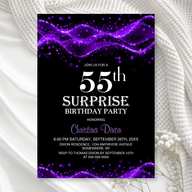 Invitation Fête surprise pour 55 ans en noir et violet (Créateur téléchargé)