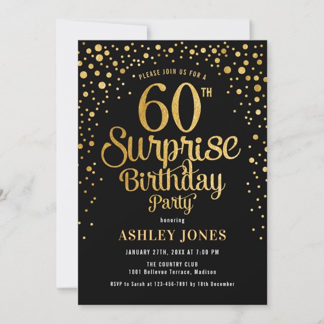 Invitation Fête surprise pour 60 ans - Noir et or (Devant)