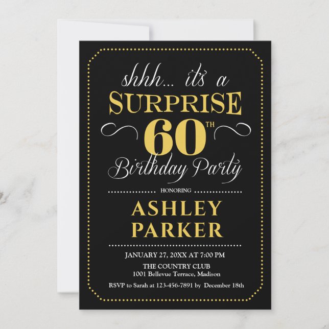 Invitation Fête surprise pour 60 ans - Noir Or (Devant)