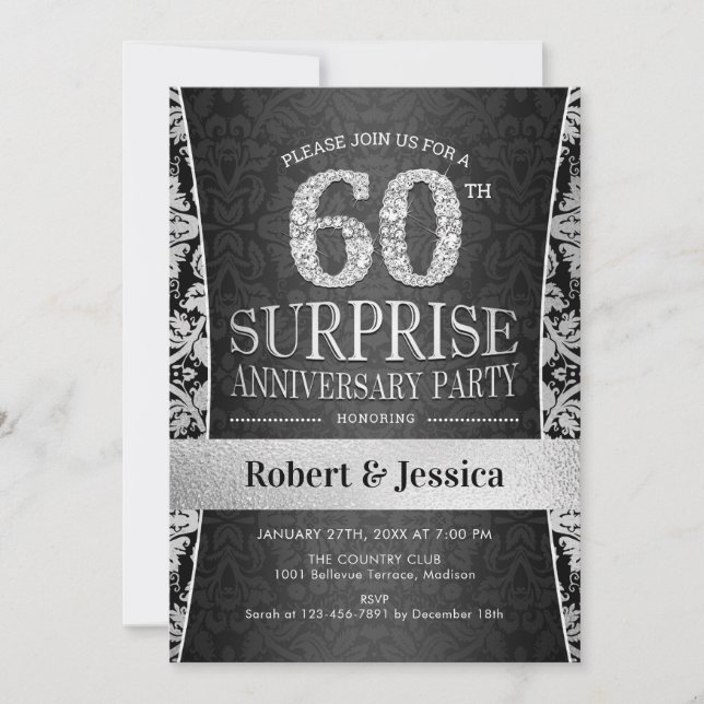 Invitation Fête surprise pour 60e anniversaire - Argent (Devant)
