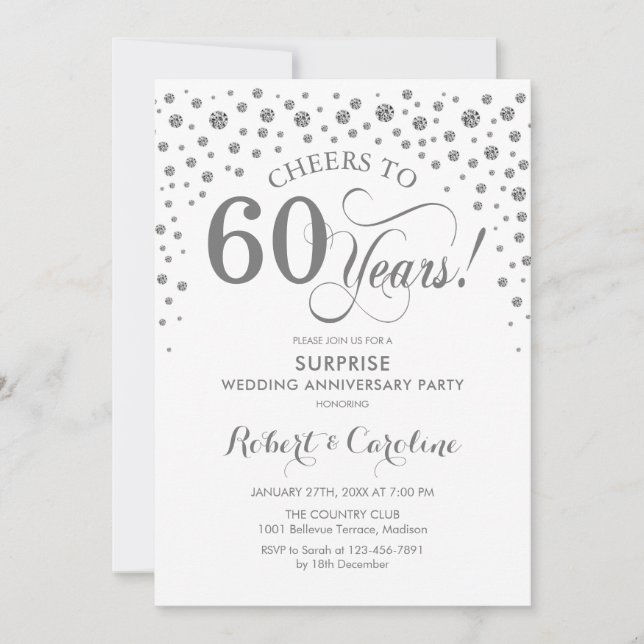 Invitation Fête surprise pour 60e anniversaire - Blanc argent (Devant)