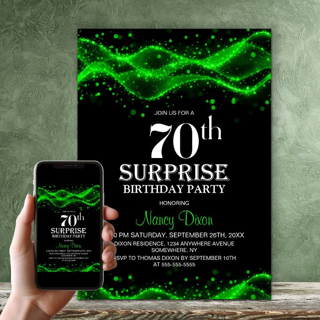 Invitation Fête surprise pour 70 ans en noir et vert (Créateur téléchargé)