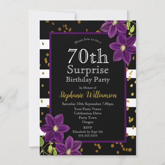 Invitation Fête surprise pour 70 ans  Noir et Or (Devant)