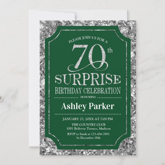 Invitation Fête surprise pour 70 ans - Vert argenté (Devant)