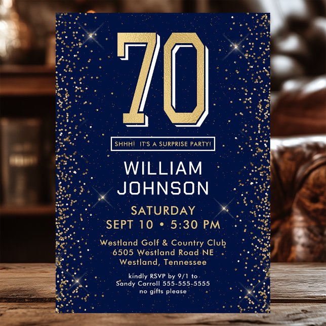 Invitation Fête surprise pour 70e anniversaire en bleu marine (Créateur téléchargé)