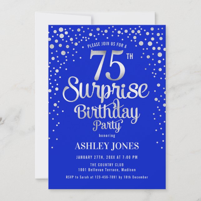 Invitation Fête surprise pour 75 ans - Argent et bleu royal (Devant)