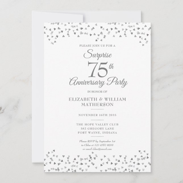 Invitation Fête surprise pour 75 ans de mariage avec des cœur (Devant)