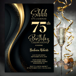 Invitation Fête surprise pour 75 ans en noir et or