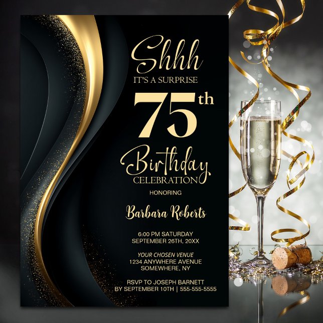Invitation Fête surprise pour 75 ans en noir et or (Créateur téléchargé)
