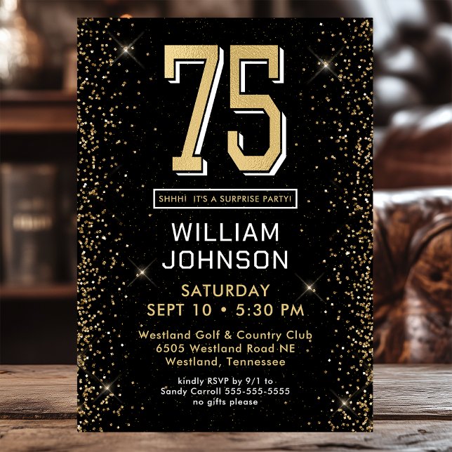 Invitation Fête surprise pour 75 ans en noir moderne (Créateur téléchargé)