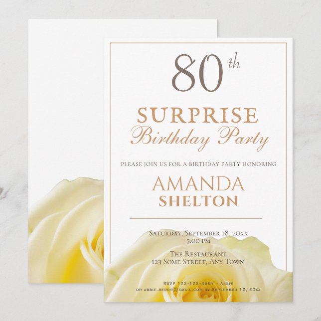 Invitation Fête surprise pour 80 ans Anniversaire Rose jaune  (Devant / Derrière)