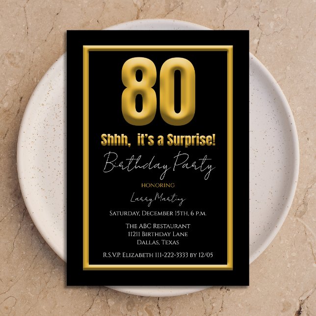 Invitation Fête surprise pour 80e anniversaire 80 Or et Noir (Créateur téléchargé)