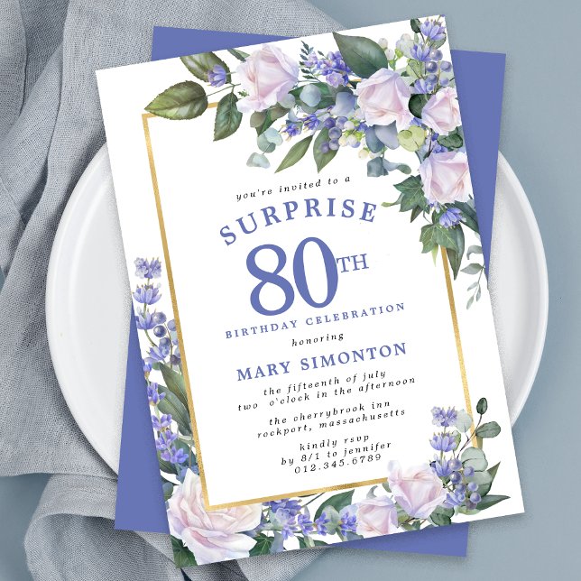 Invitation Fête surprise pour 80e anniversaire Bleu Blanc Flo (Créateur téléchargé)