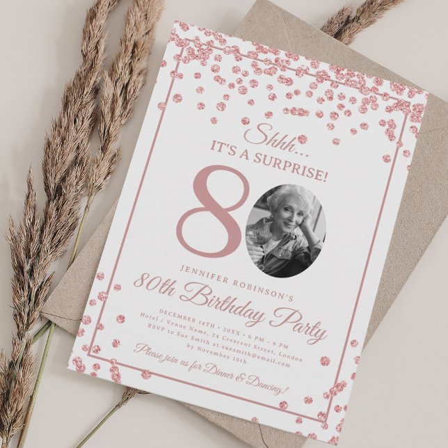 Invitation Fête surprise pour 80e anniversaire Confetti Rose  (SURPRISE 80th Birthday Party Rose Gold Confetti Invitation)